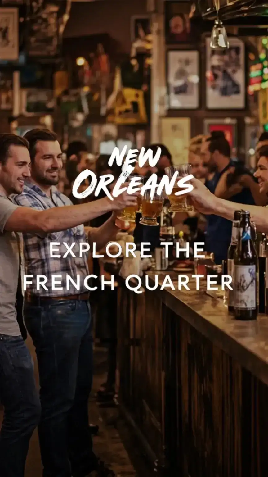 Friends enjoying craft beers in a New Orleans bar, representing a top destination for men's getaways, US travel for men, vibrant nightlife.