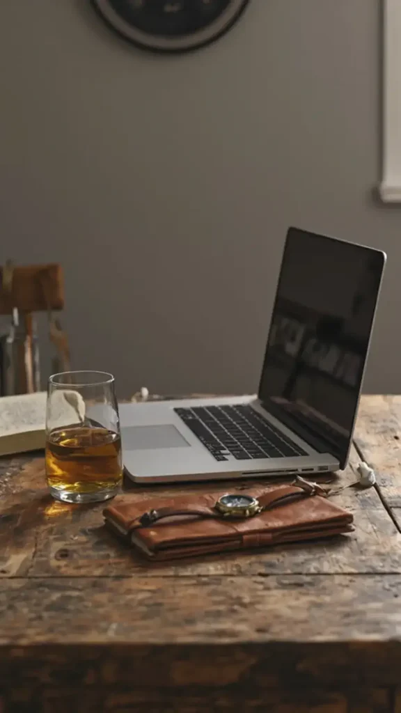Laptop displaying a sign-up form on a rustic table with whisky glass, vintage watch, and leather notebook in a cozy Connecticut home