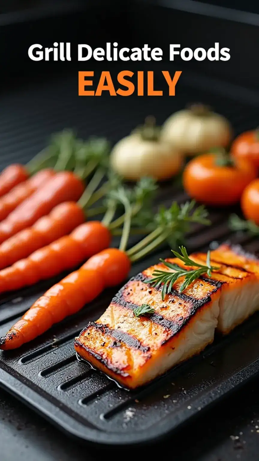 Non-stick grill mat with grilled fish and vegetables. Essential BBQ accessory for grilling delicate items, making cleanup simple.