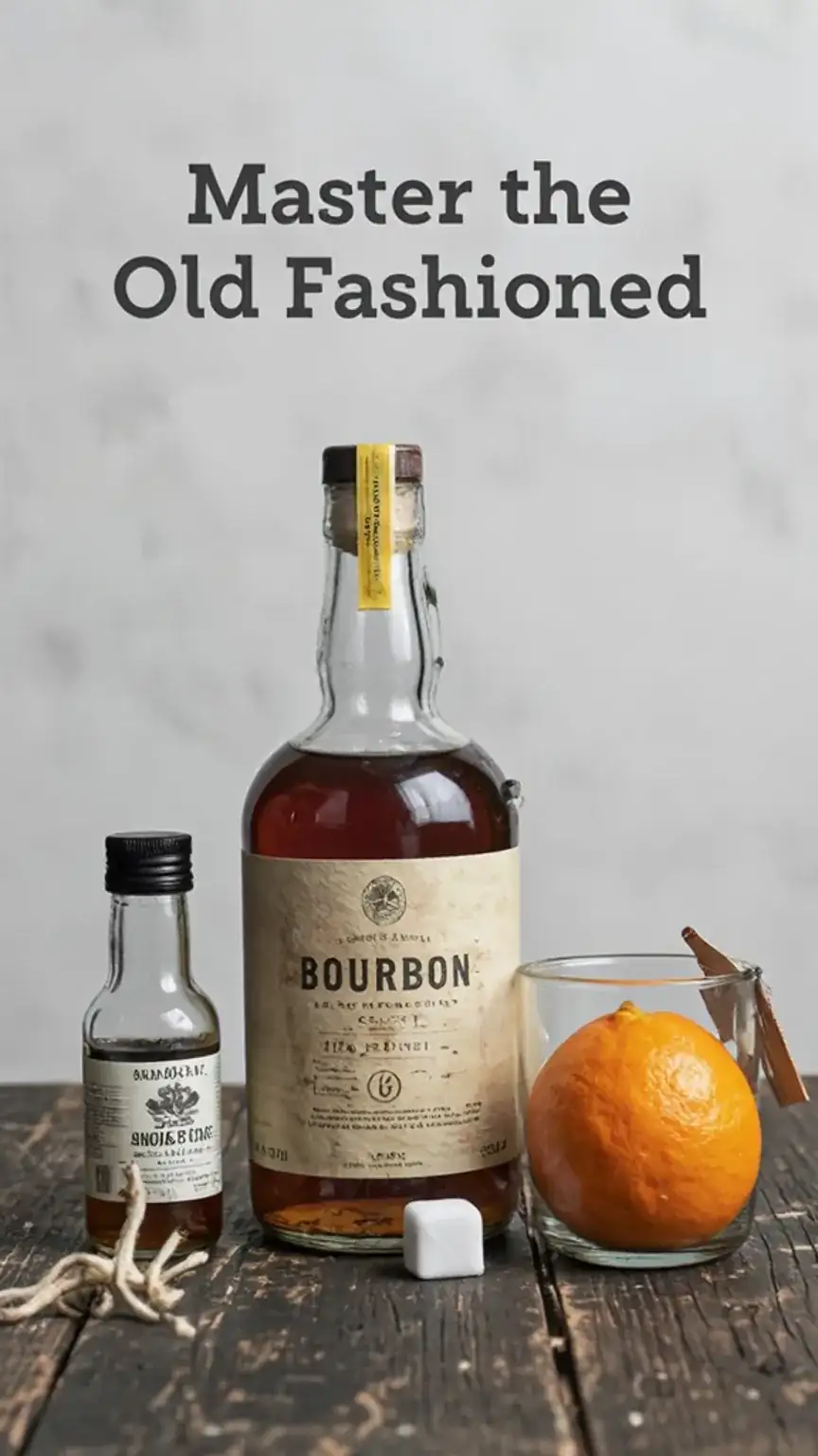 Ingredients for an Old Fashioned cocktail: bourbon, sugar cube, bitters, and orange peel, for making the classic drink at home. How to make old fashioned.
