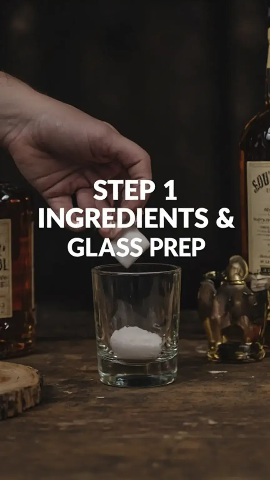 Preparing an Old Fashioned: adding a sugar cube to a rocks glass, ready for bourbon. Step-by-step guide to the perfect old fashioned recipe.