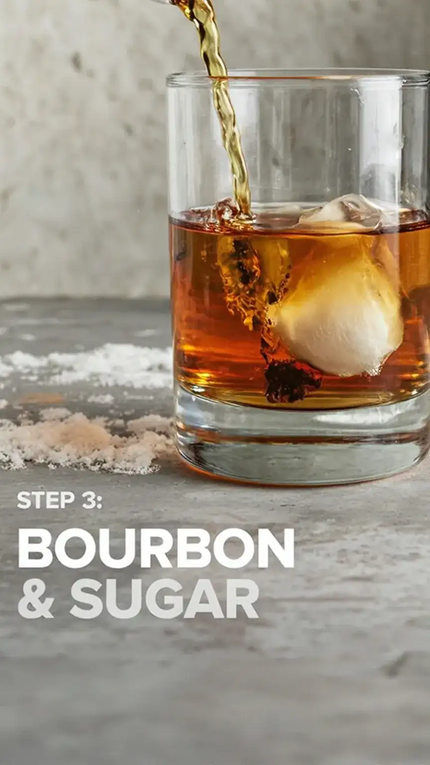 Pouring bourbon into a rocks glass for an Old Fashioned recipe. Learn how to make old fashioned with bourbon and sugar.
