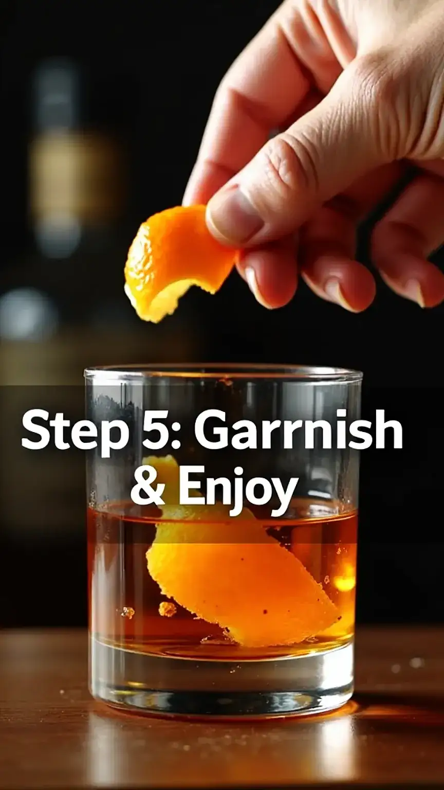 Garnishing an Old Fashioned with an orange peel. Enjoying the perfect old fashioned recipe at home. Classic cocktail making.