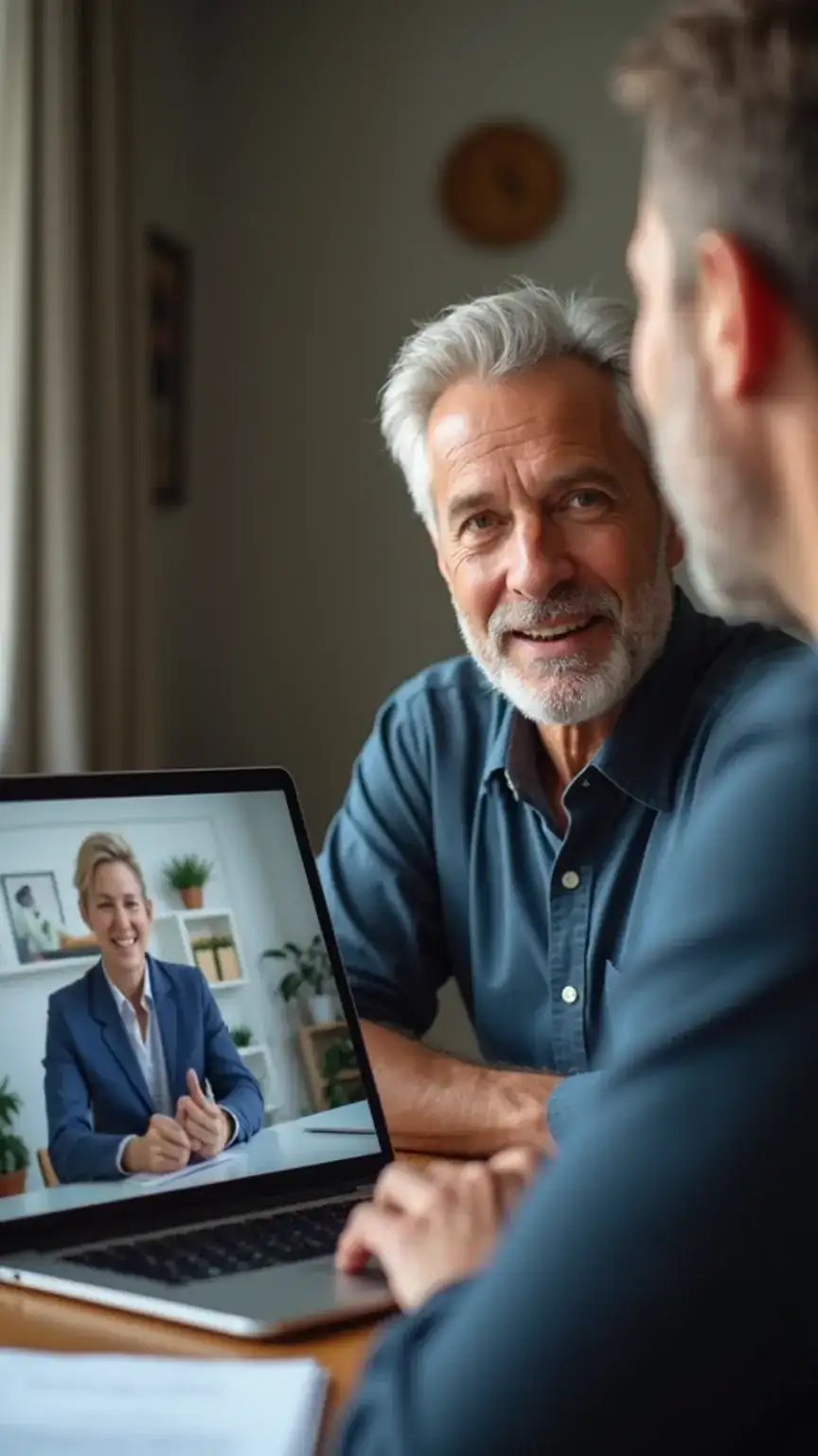 Online coaching and consulting business idea for men over 40, showing a professional man leading a virtual meeting.