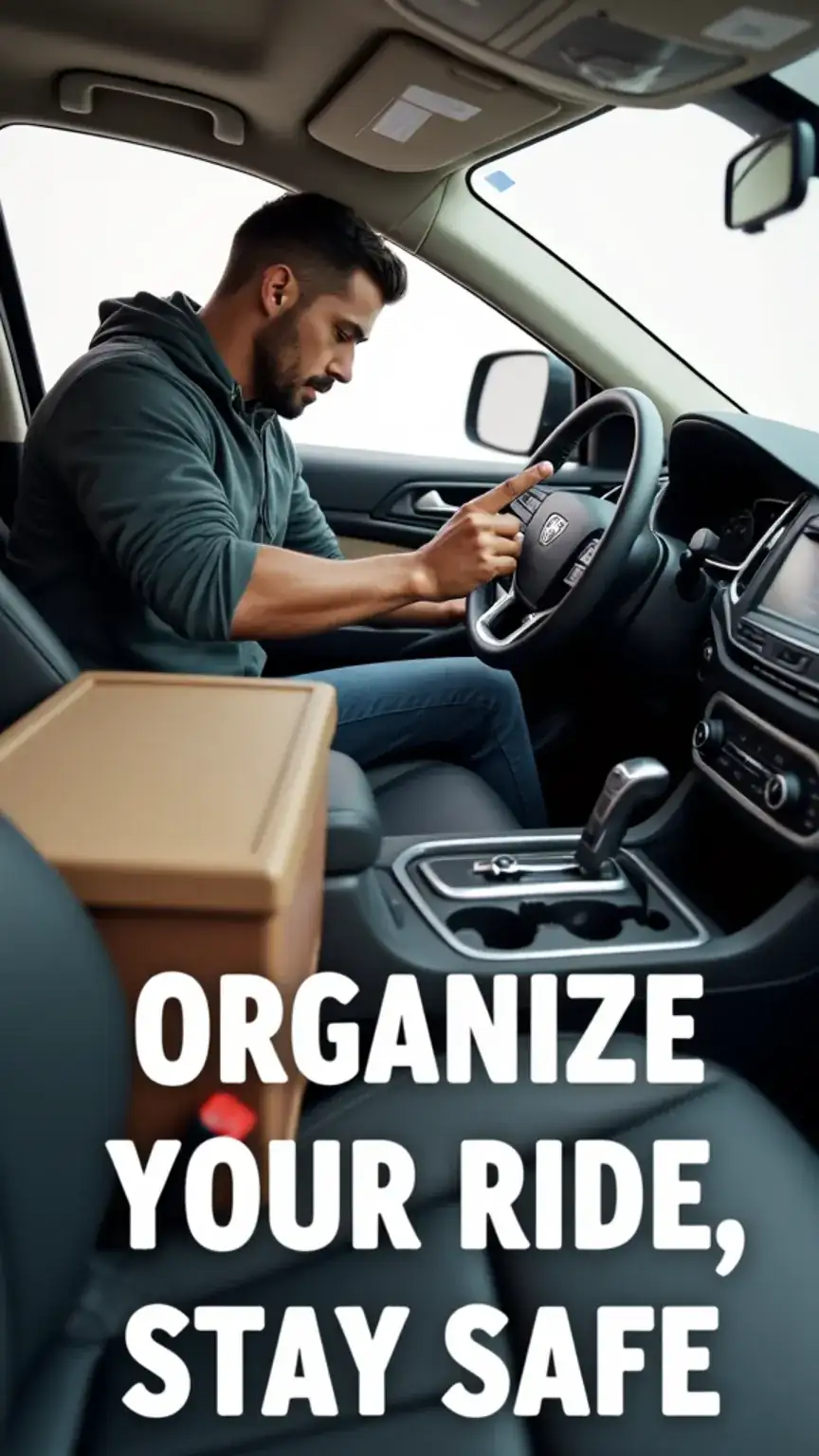 Man organizing car interior, demonstrating car interior cleaning and organization tips for men. Vehicle upkeep, tidy car, safe driving, car accessories.