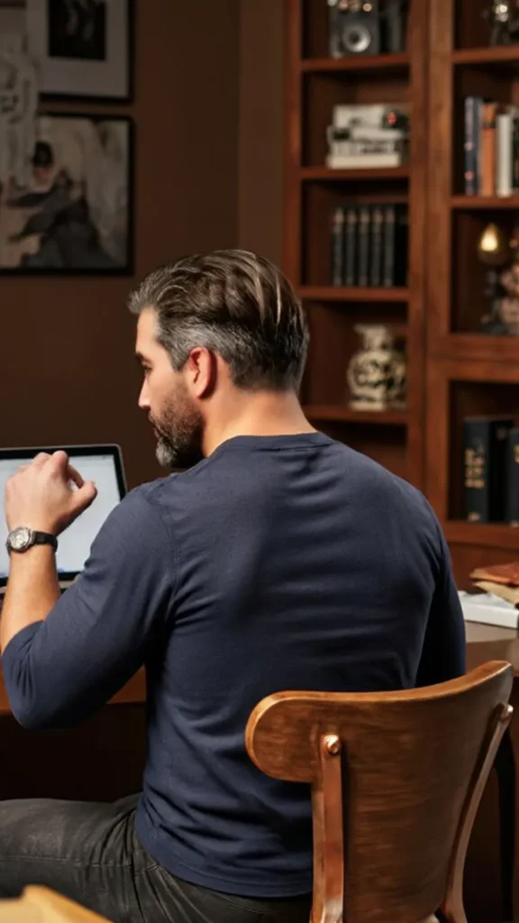 Over-the-shoulder view of a charismatic man with dark brown and gray hair working at a modern desk, wearing a navy sweater and vintage watch, focused on a laptop in a Connecticut home office with bookshelves