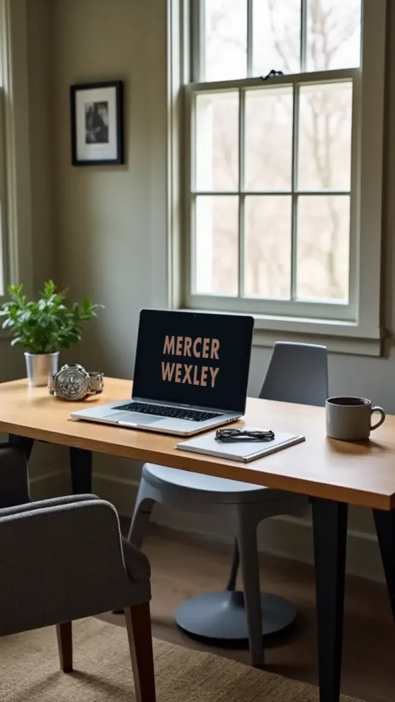 Inviting home office in Connecticut with a walnut desk, Mercer Wexley laptop screen, vintage watch, and cozy leather chair near sunlit windows.