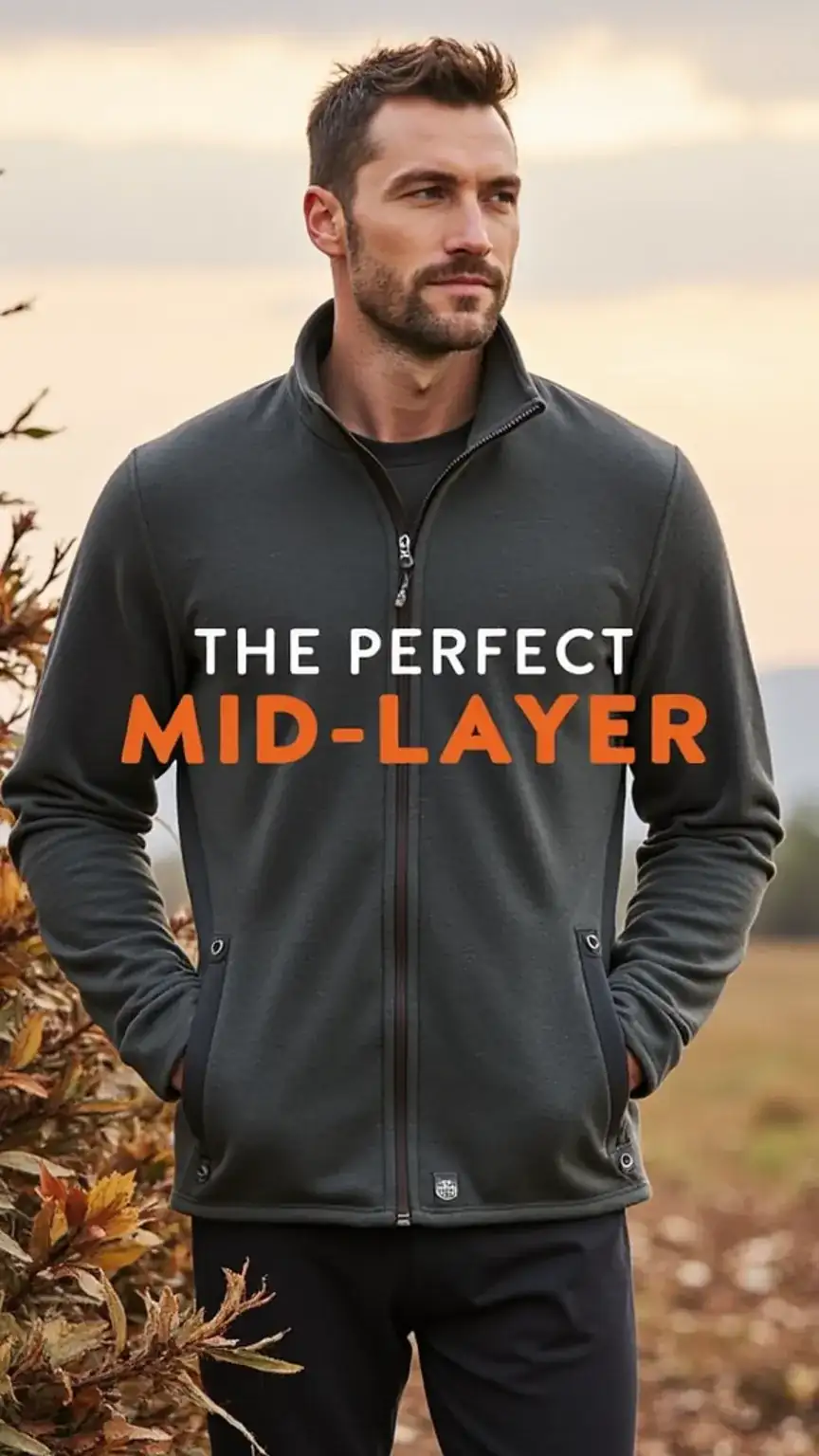 Man wearing a fleece jacket or down sweater, men's fall layering, insulation for autumn, outdoor wear, functional style, fall wardrobe.