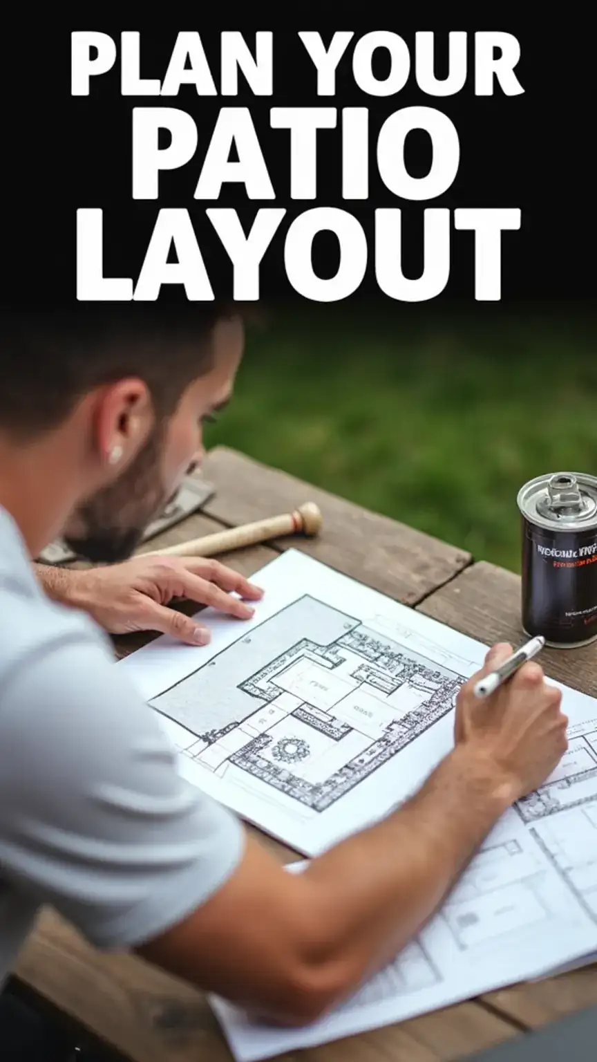 Man planning patio layout with a sketch and tools, emphasizing practical patio design and outdoor living. Backyard patio ideas, deck planning.