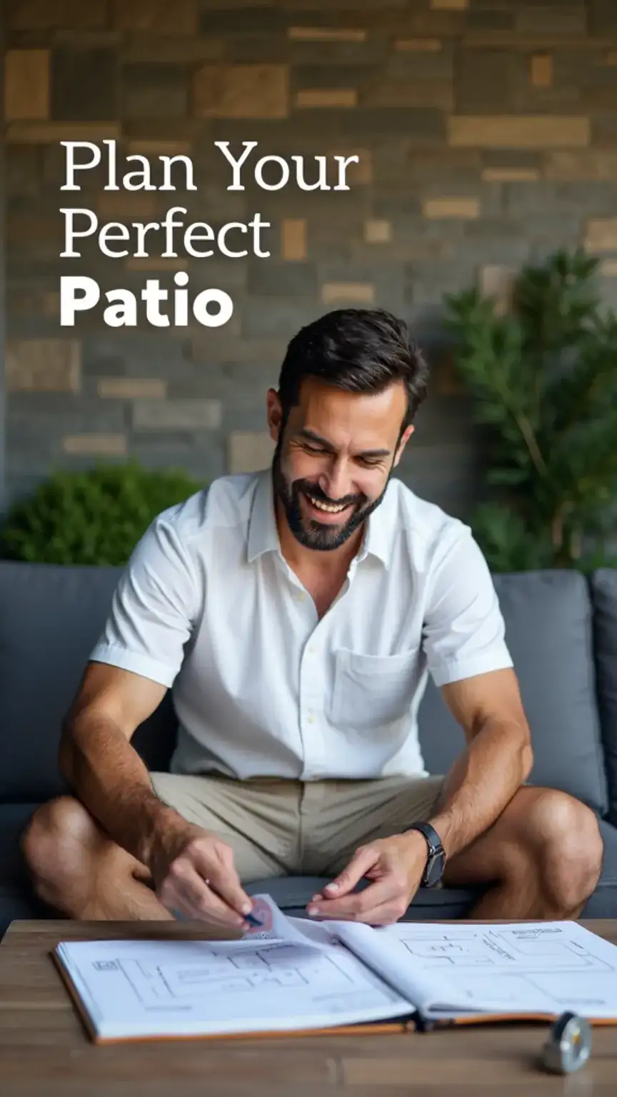 Man assessing his outdoor patio space for furniture placement, planning the perfect patio setup, durable outdoor furniture guide, masculine outdoor living.