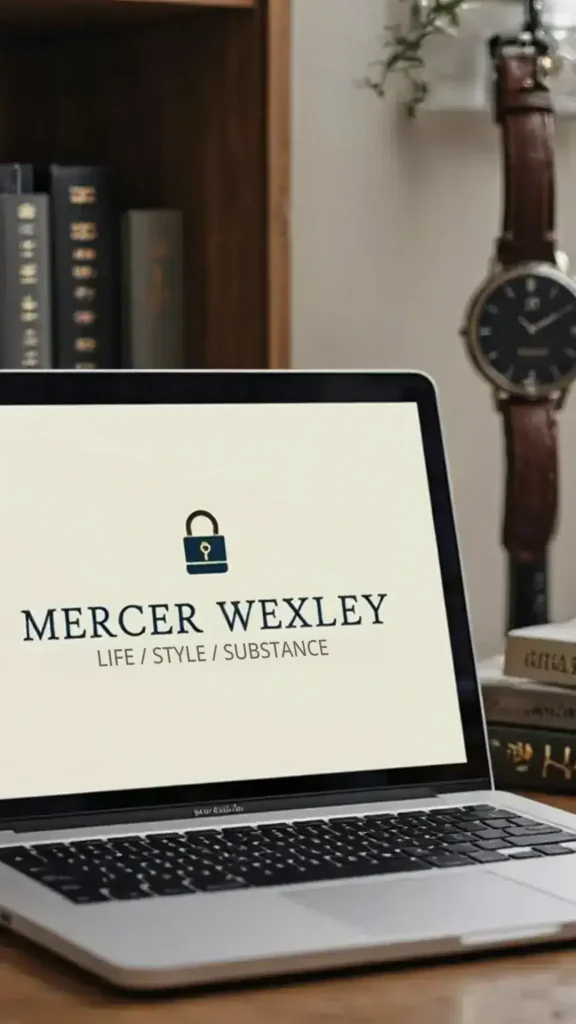 Laptop screen displaying "MERCER WEXLEY – LIFE / STYLE / SUBSTANCE" with locked padlock icon, set in a Connecticut home office with books and vintage watch