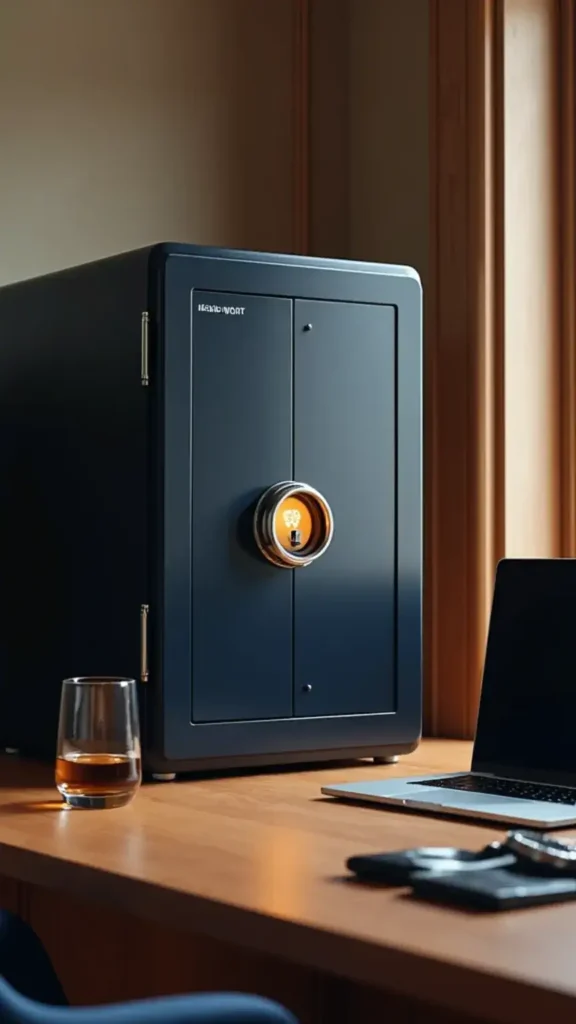 Glowing padlock vault graphic over a Connecticut home office desk with laptop, vintage watch, and whisky glass in navy and wood tones