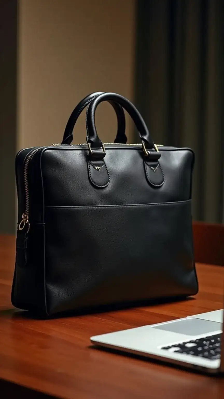 Professional black leather briefcase for men, a key piece of essential men's leather accessories for business and work.