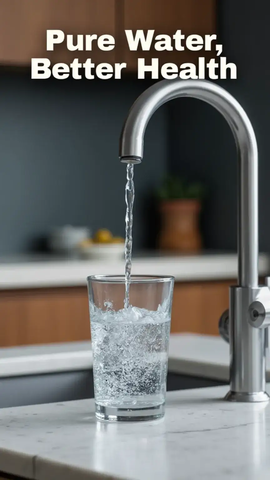 Close-up of clean water pouring into a glass, illustrating the benefits of a water filtration system for better health and hydration.