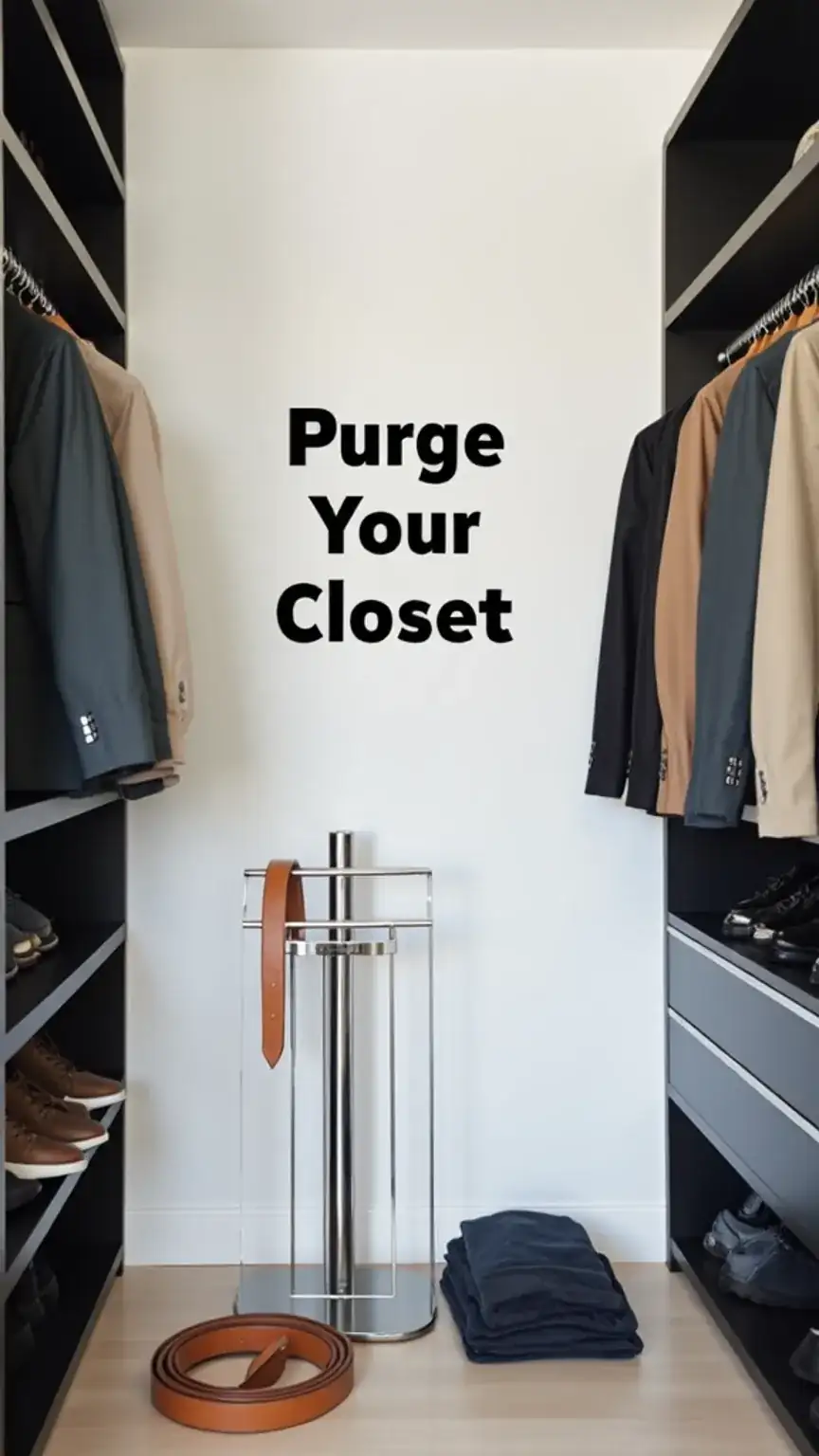 Decluttering a men's wardrobe, purging out-of-style or ill-fitting clothes for a minimalist style.