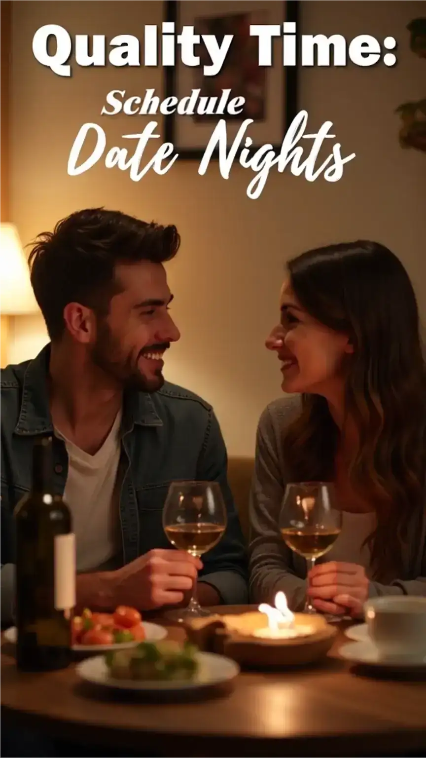 Mature relationship advice: Couple enjoying a home date night, emphasizing quality time and scheduled date nights for keeping romance alive.