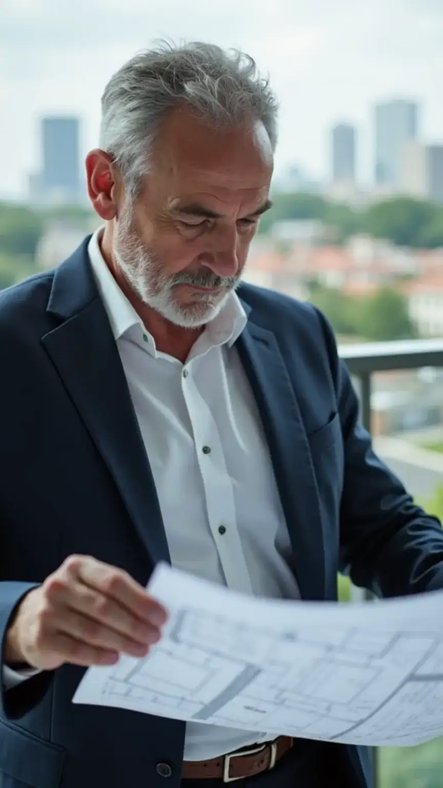 Real estate investing business idea for men over 40, showing a man analyzing property or blueprints, business growth.