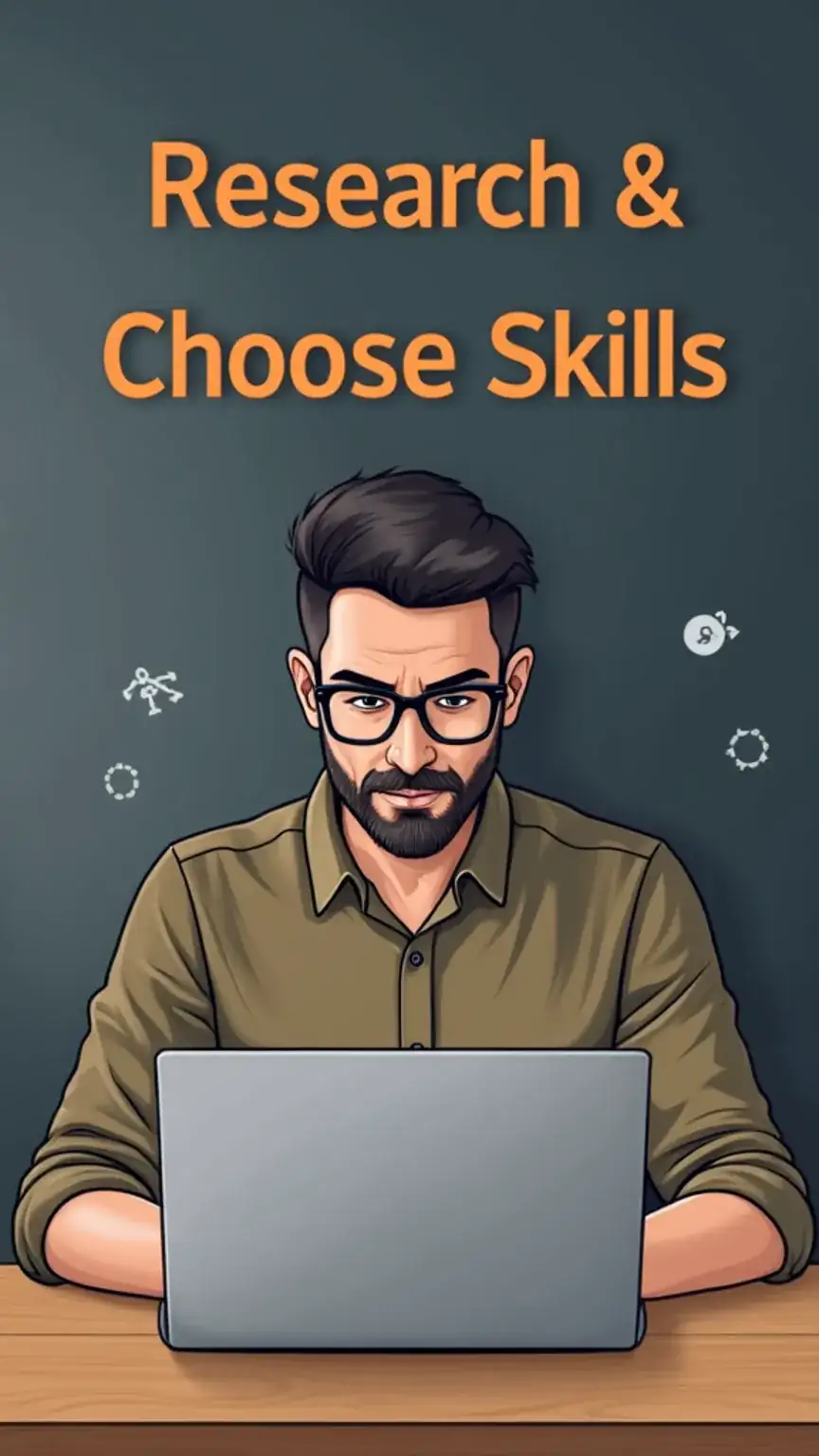 Researching skills for career advancement. Choosing new skills for professional growth. Online learning and skill development resources.