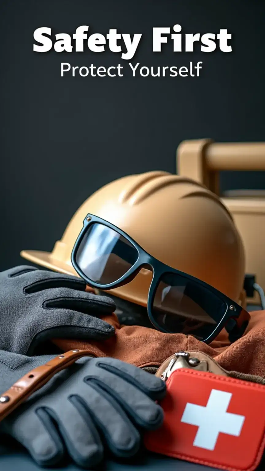 Home improvement safety gear including safety glasses and work gloves, emphasizing protection and safety first for DIY and renovation projects.