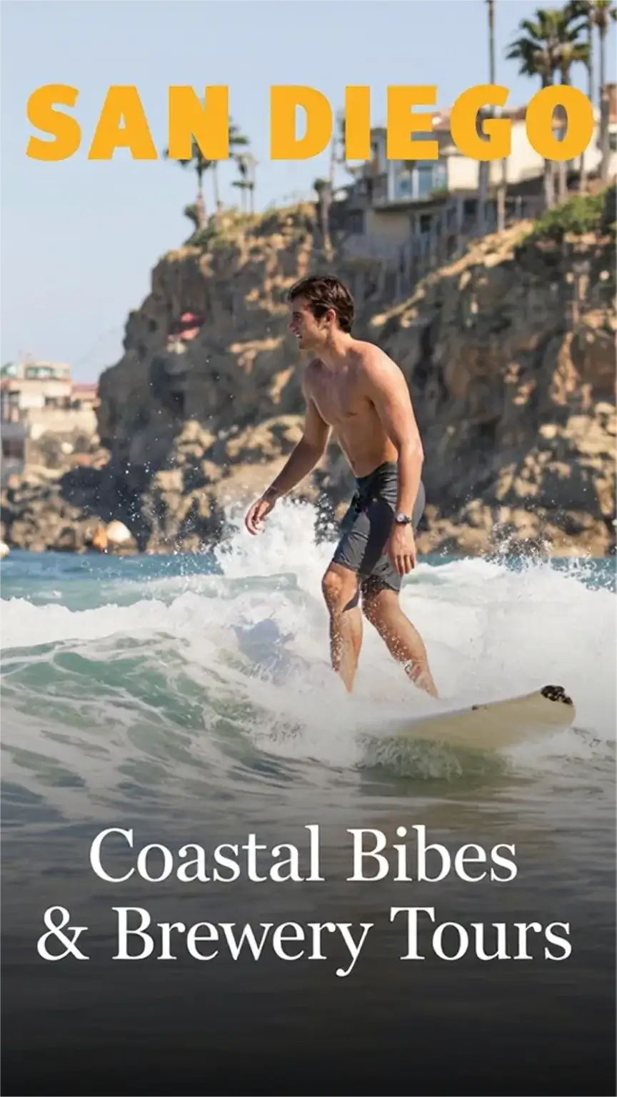 Man surfing in San Diego, California, illustrating men's getaways and US travel for men, beach destinations.