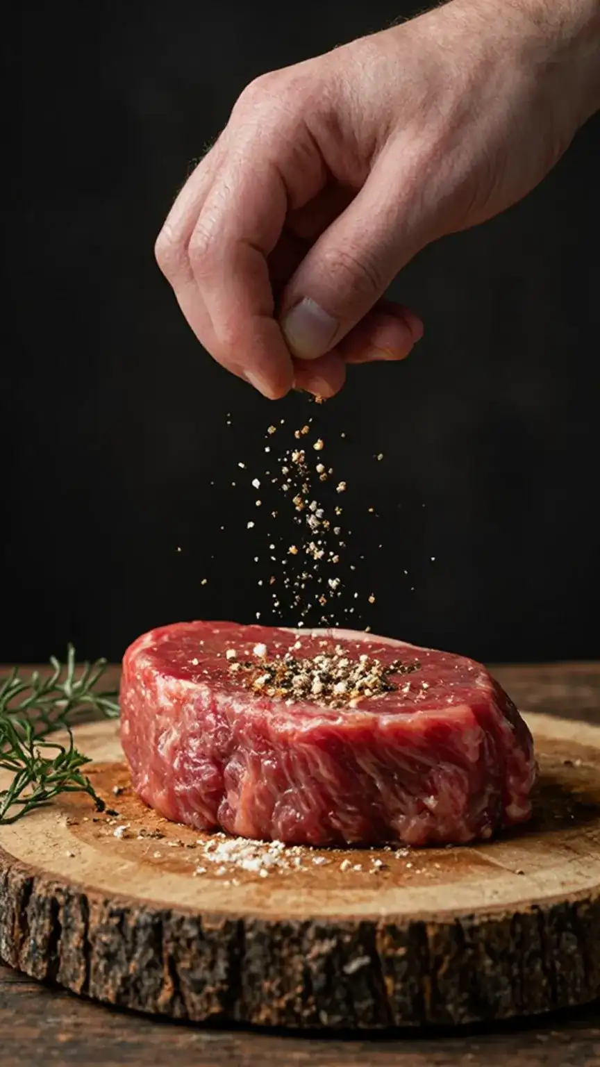 Seasoning steak like a pro with kosher salt and pepper for the perfect steak. Grilling steak, BBQ tips, steak recipe.