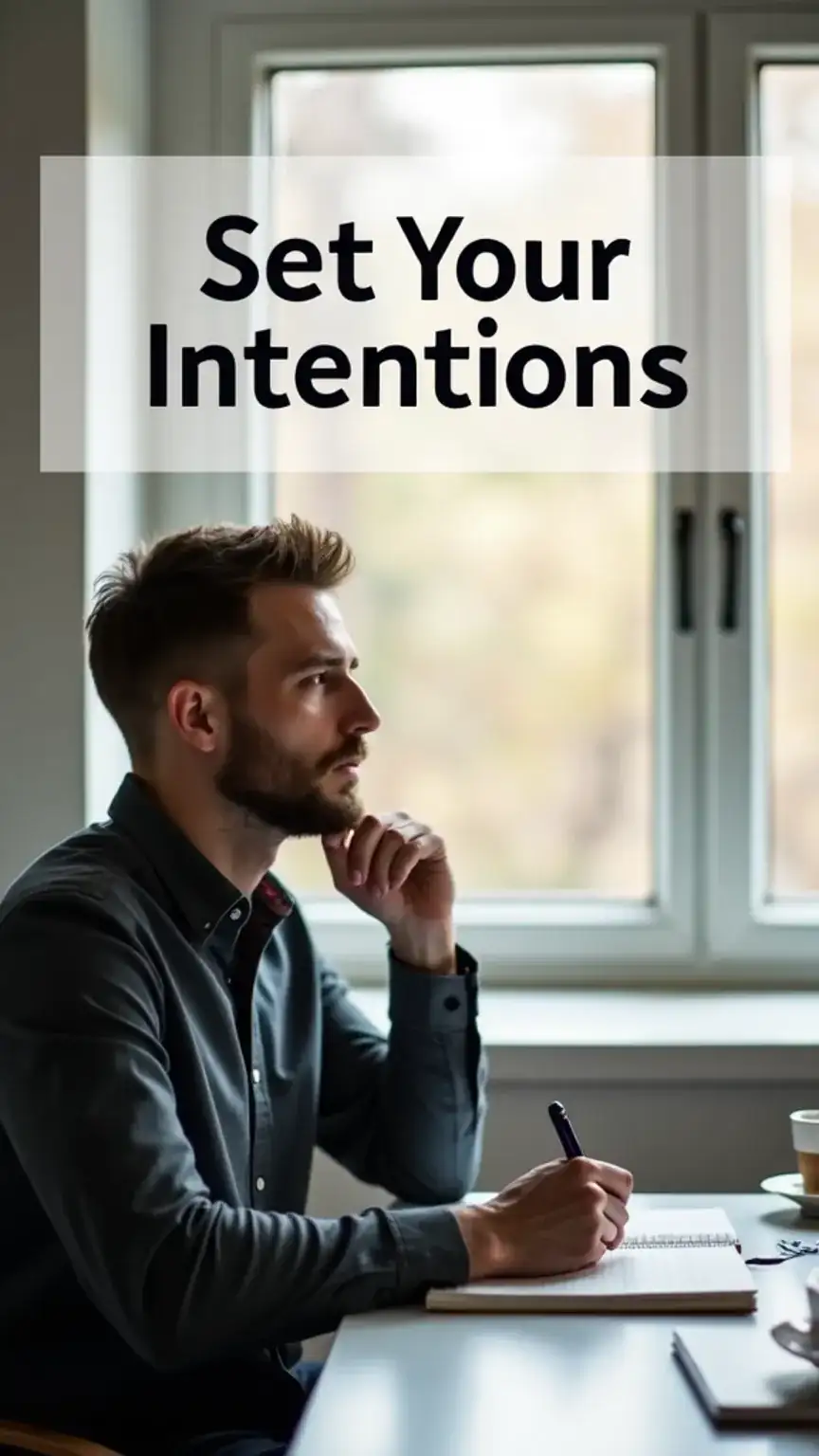 Man setting intentions for his morning routine, focusing on productivity and planning. Daily routine for men, mindful morning.