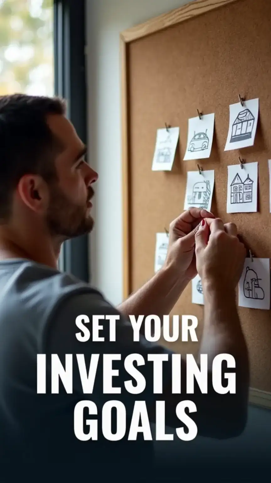 Man pinning investment goals like a house, car, and travel on a corkboard. Keywords: investing for beginners, men's finance, financial goals, wealth planning, how to start investing, investment objectives.