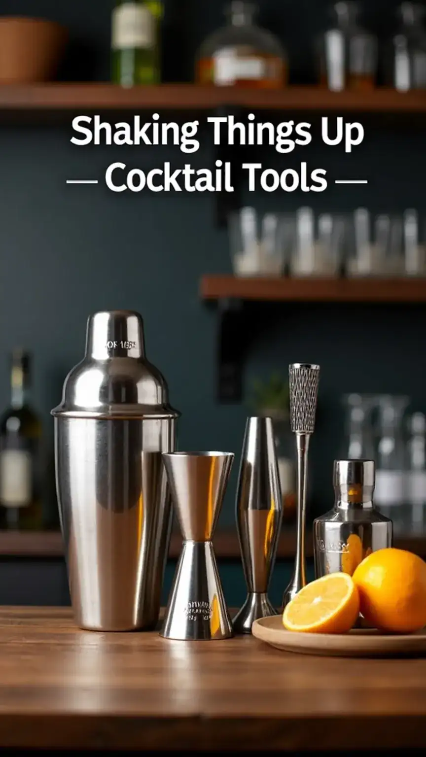 Cocktail shaker, jigger, muddler, and citrus juicer for making drinks at home. Essential bar equipment and cocktail tools for men.