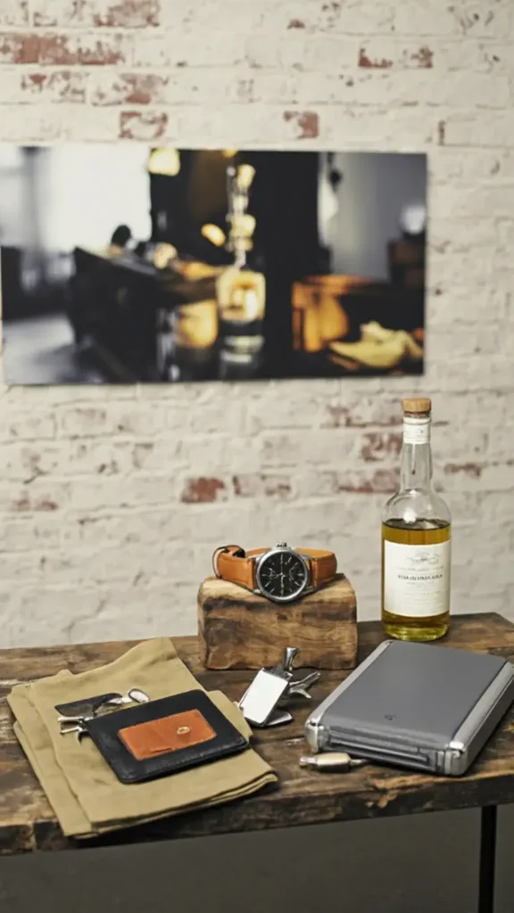Vintage leather watch, leather wallet, artisanal whisky, and grooming kit on rustic table in industrial-chic Connecticut loft with exposed brick