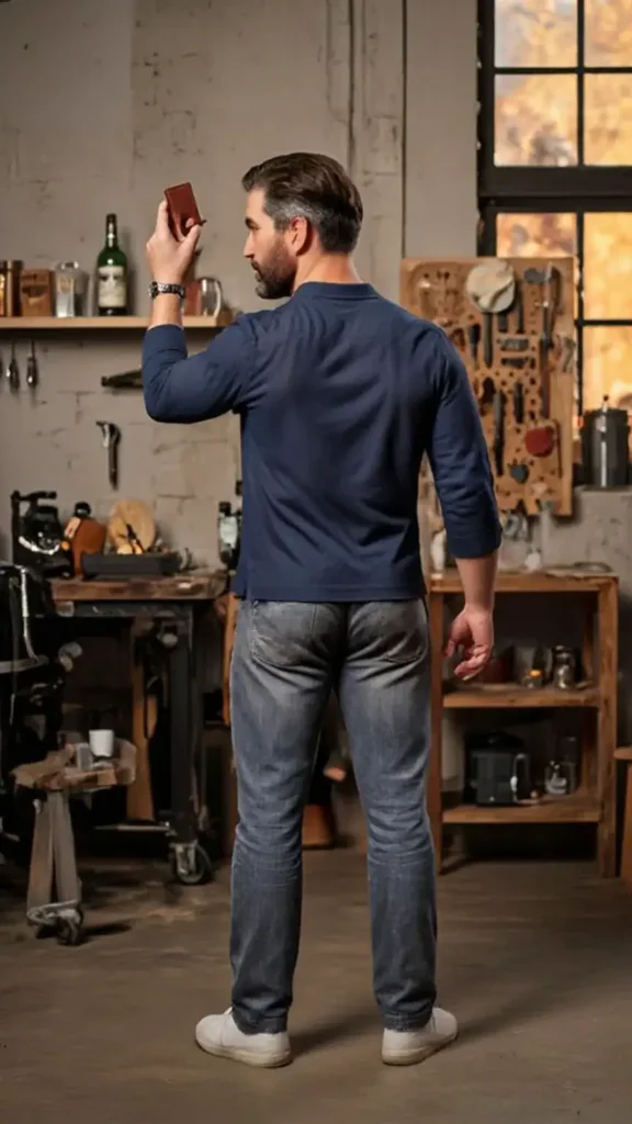 Back view of a man in navy polo arranging lifestyle products on a shelf in a workshop with kamado grill and tools, warm natural lighting