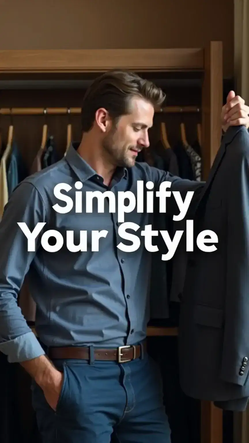 Man choosing an outfit from a minimalist wardrobe, simplifying men's style and reducing decision fatigue.