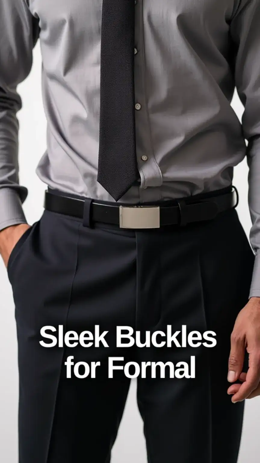Man's hand adjusting a belt with a simple, sleek buckle. Formal belt styling for men and choosing the perfect buckle.