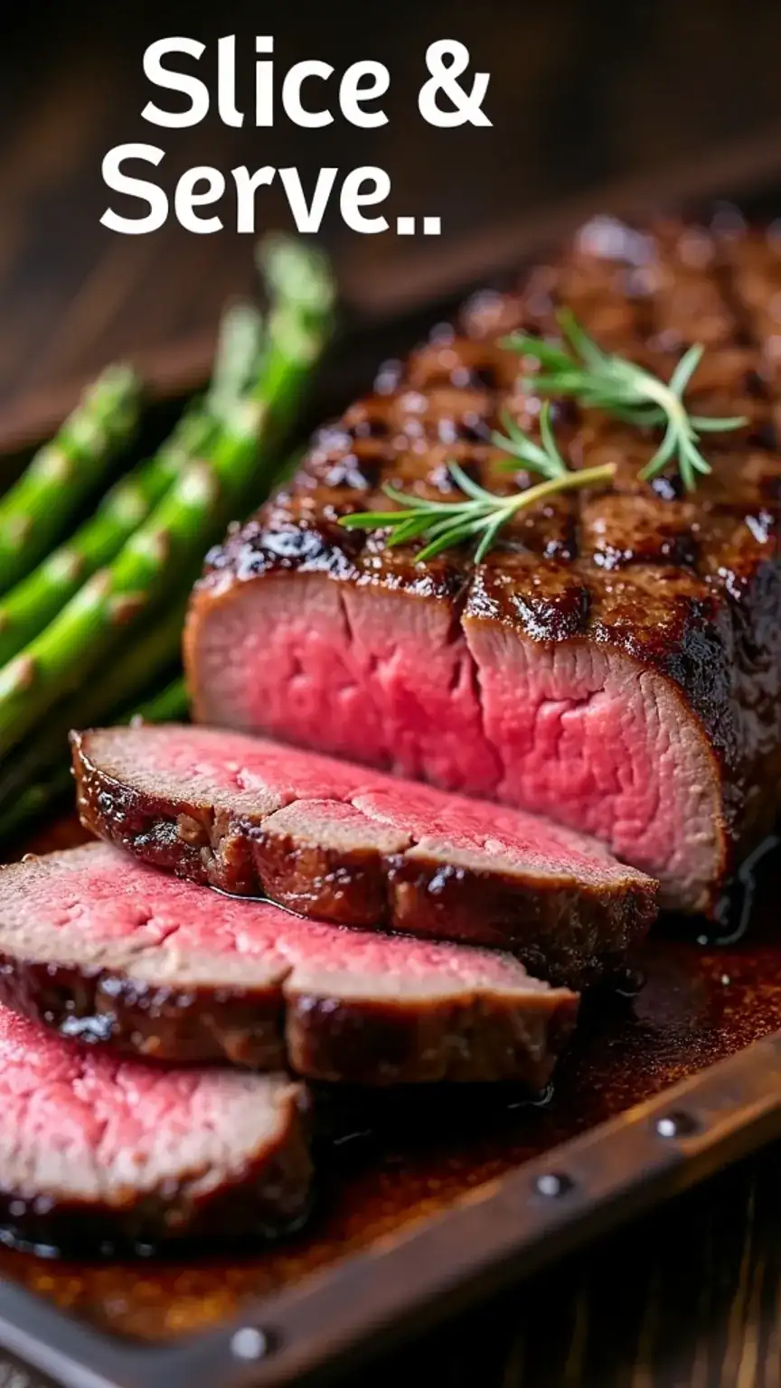 Perfectly sliced medium-rare steak with grilled asparagus. How to slice steak against the grain for tenderness.