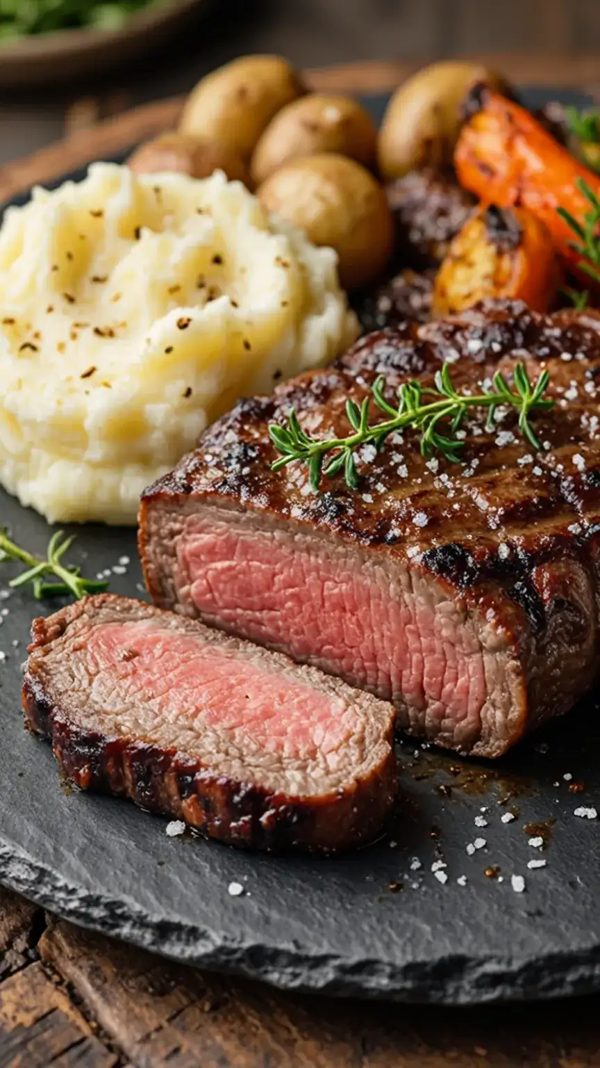Serving the perfect steak, sliced against the grain, with delicious sides. Steak recipe, grilling steak, BBQ tips.