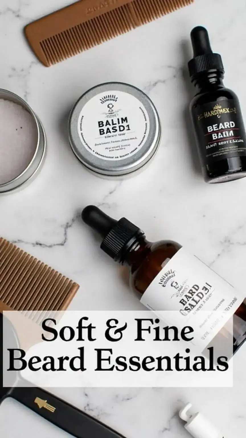 Beard care products for soft and fine beards, including beard oil and balm, essential for taming flyaways and adding shine.