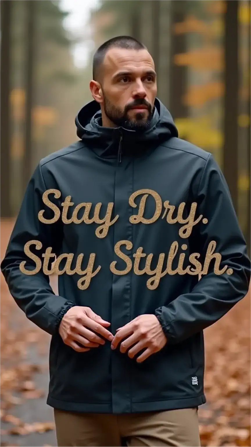 Man wearing a waterproof outer layer, men's fall fashion, rain jacket, windbreaker, protective outerwear, fall wardrobe essentials, staying dry.