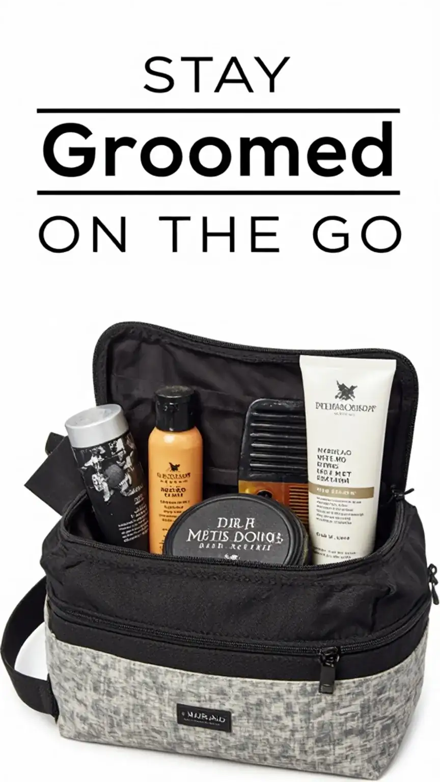 Man's travel toiletry bag with grooming essentials, illustrating stay groomed on the go tips, men's travel style, and personal grooming for travelers.