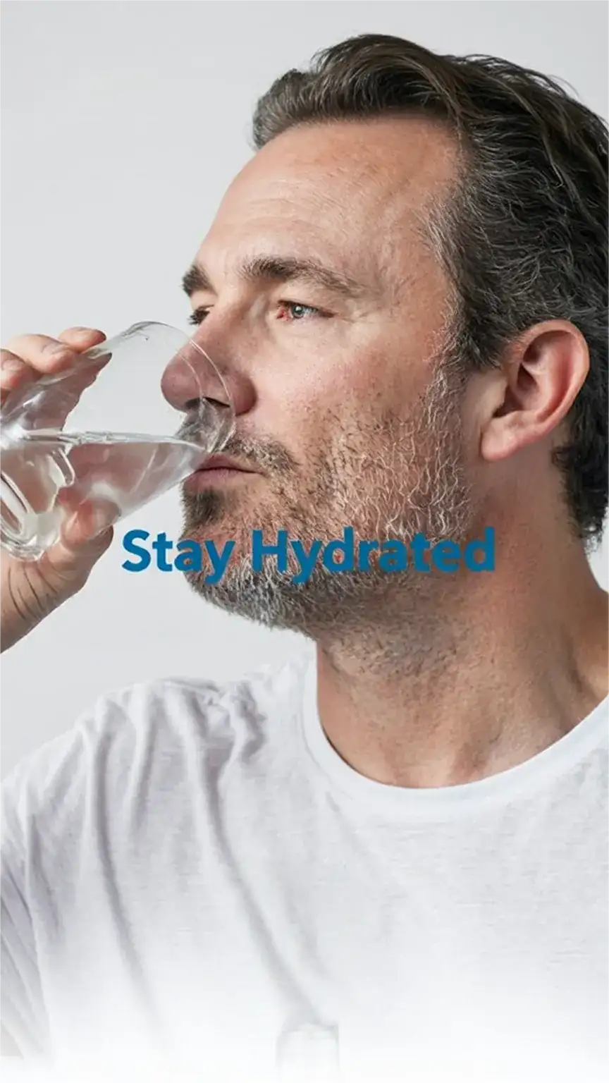 Staying hydrated for men's health and fitness after 40. Water intake tips for staying fit.
