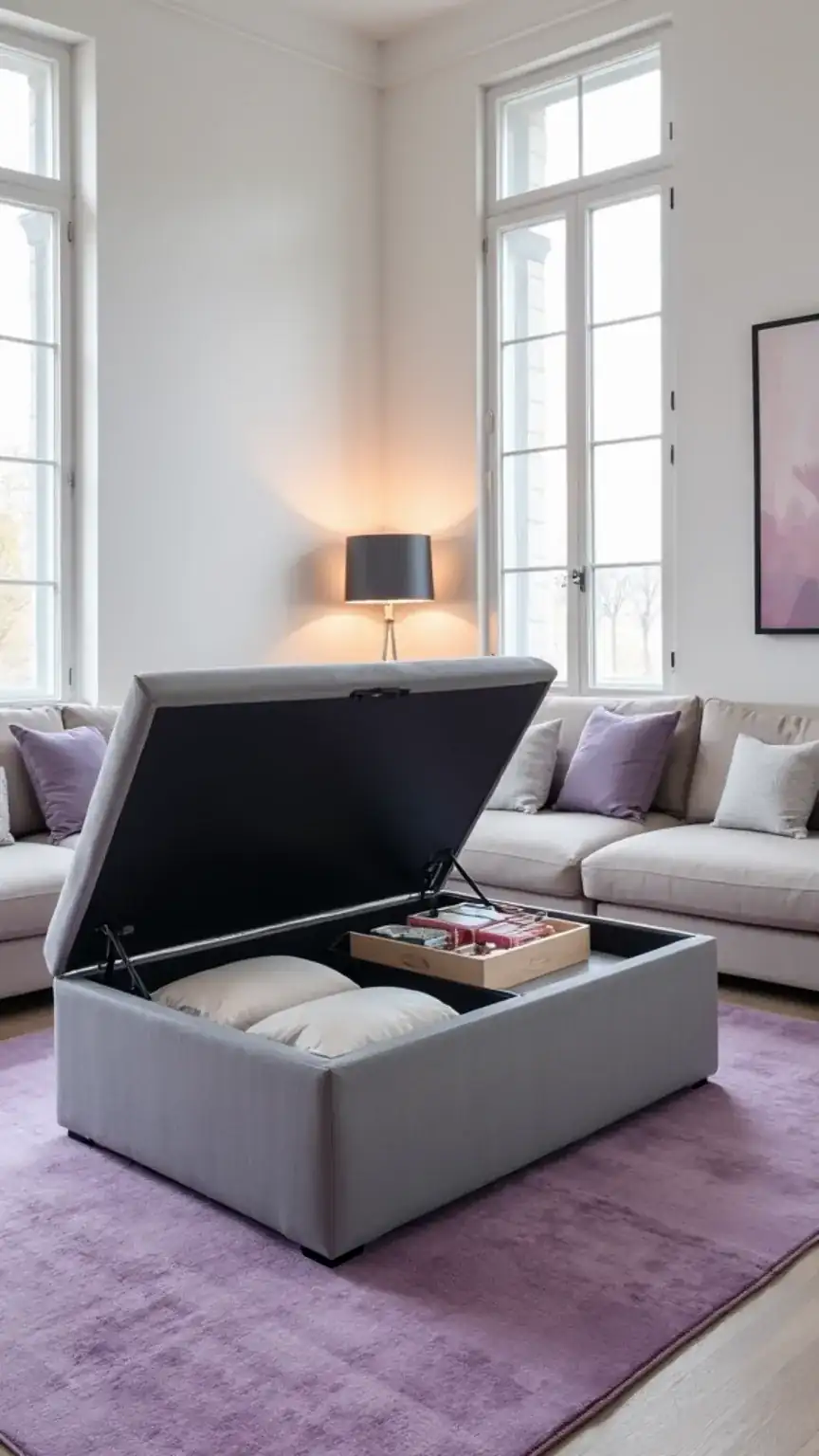Multifunctional furniture like a storage ottoman for shared spaces, promoting home organization and effective living together.