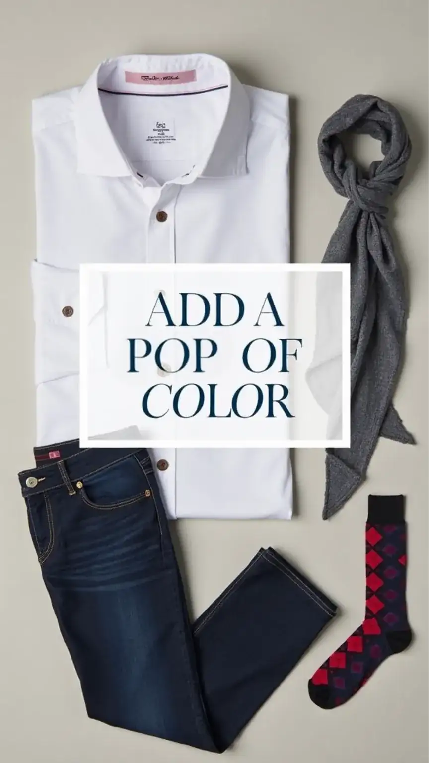 Flat lay of men's travel outfits with a pop of color, showcasing stylish travel outfits, men's fashion, and travel style tips.