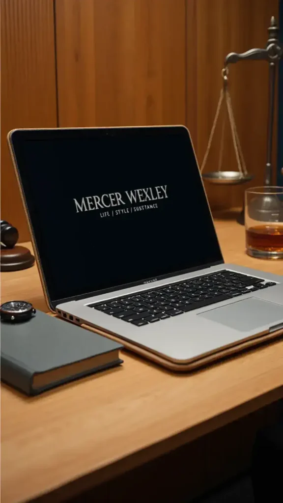 Laptop displaying "Mercer Wexley – Life / Style / Substance" logo on wooden desk with vintage watch, whisky glass, and subtle legal motifs