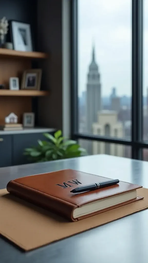 Leather notebook on clean desk, pen, and Connecticut skyline through window in navy and wood-toned office
