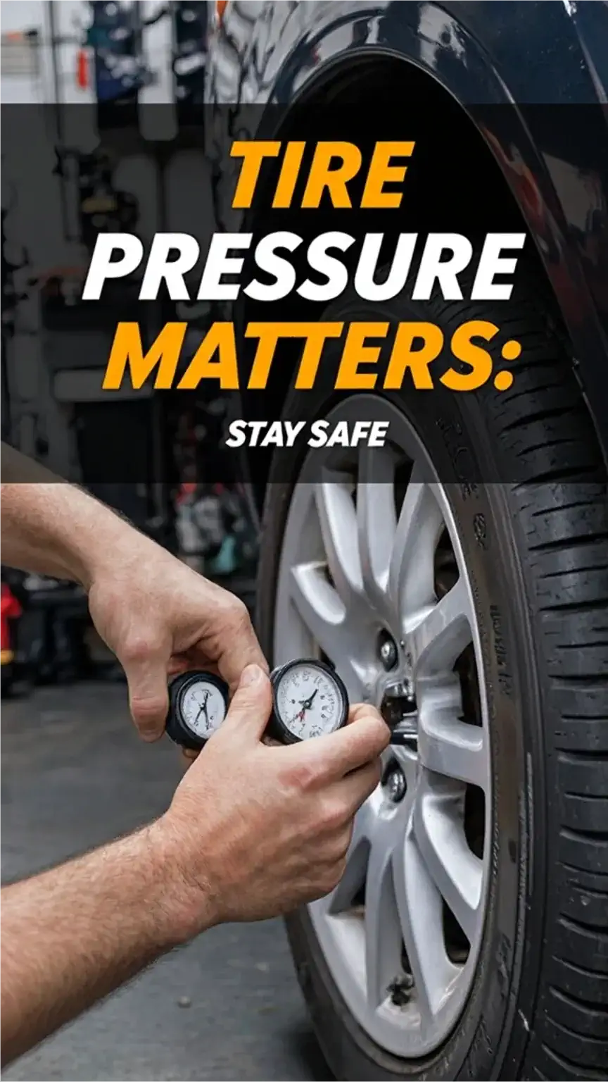 Close-up of a man using a tire pressure gauge on a car tire, highlighting car tire maintenance. Essential car care tips for men, tire pressure checks, safe driving, vehicle upkeep.