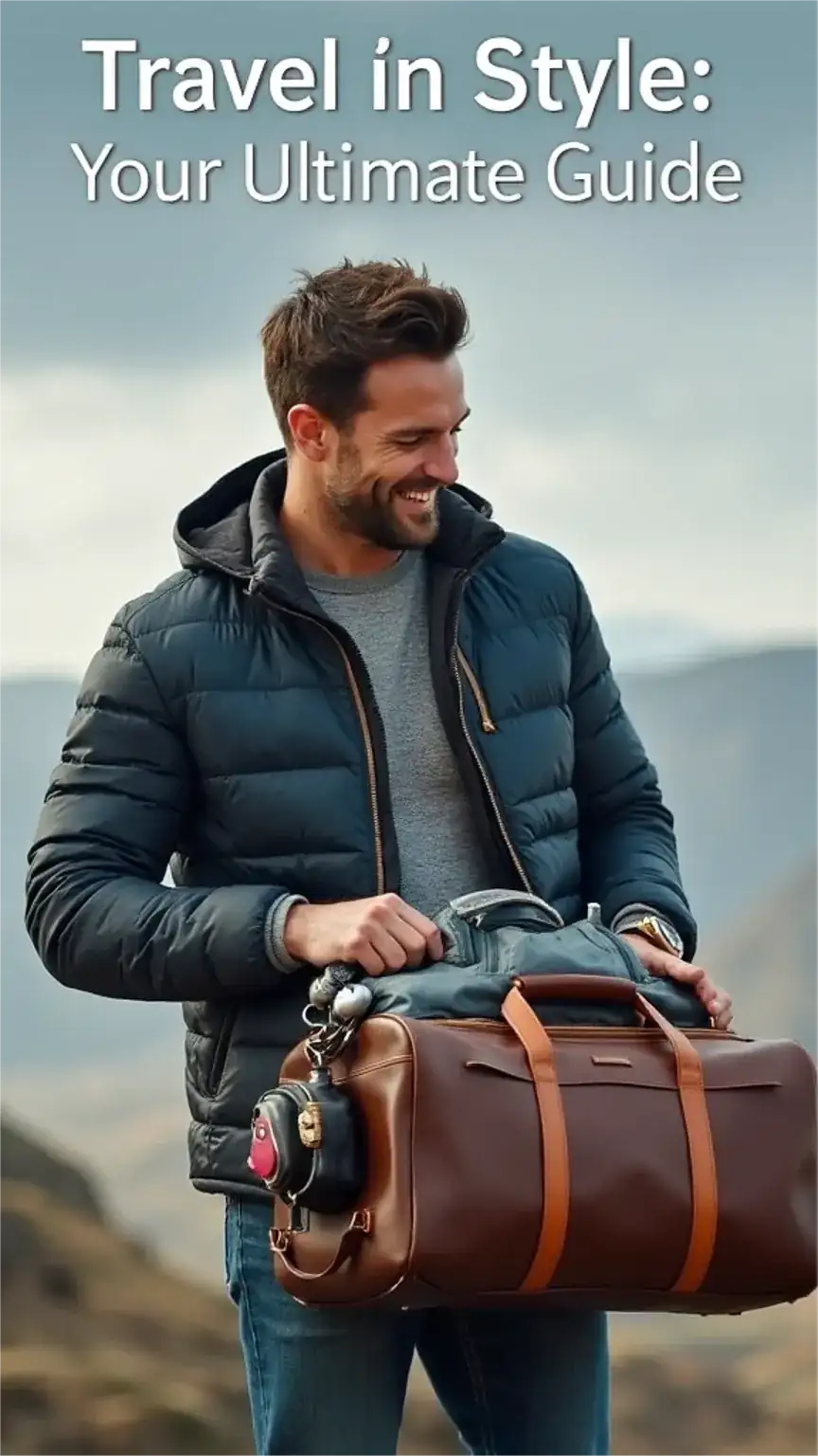Man packing a stylish duffel bag for a trip, representing men's travel style, stylish travel outfits, and men's travel fashion guide.