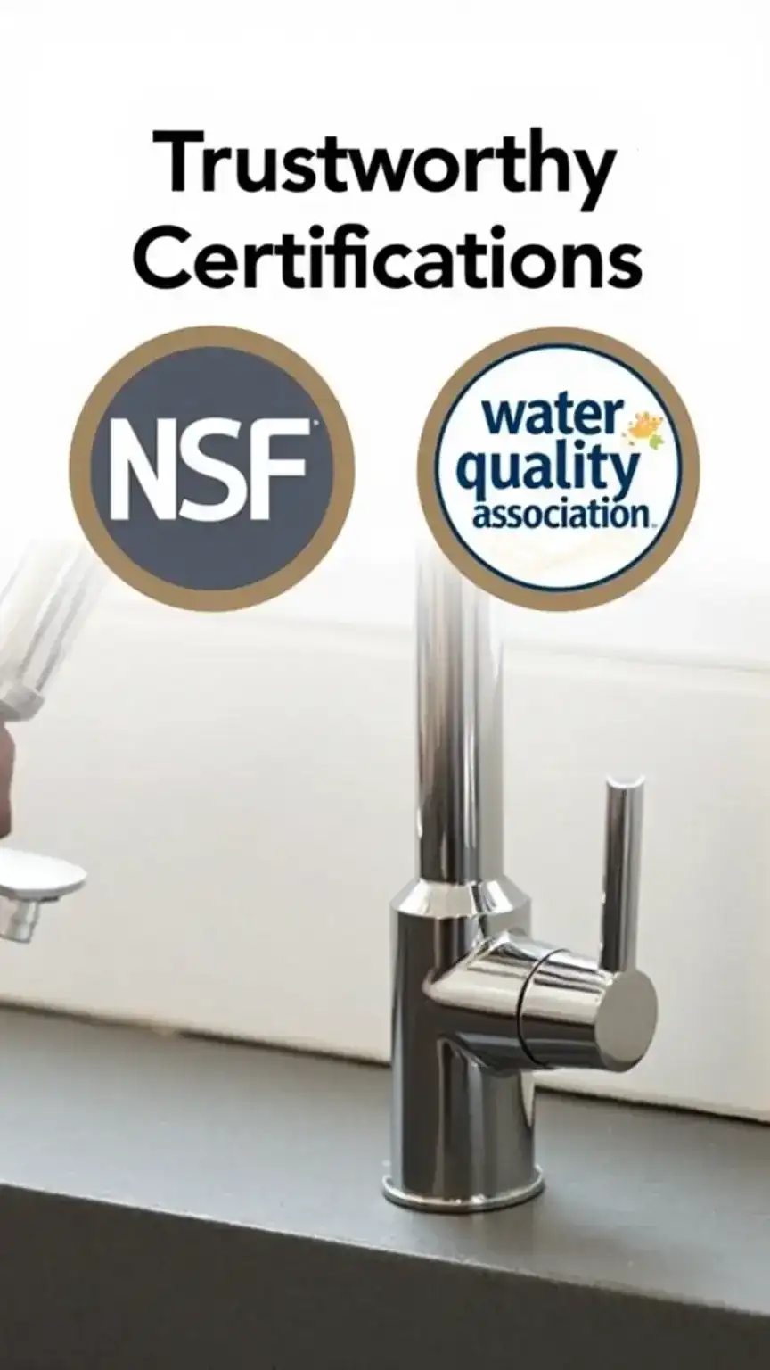 NSF and WQA certification logos, emphasizing the importance of choosing certified water filtration systems for home use.