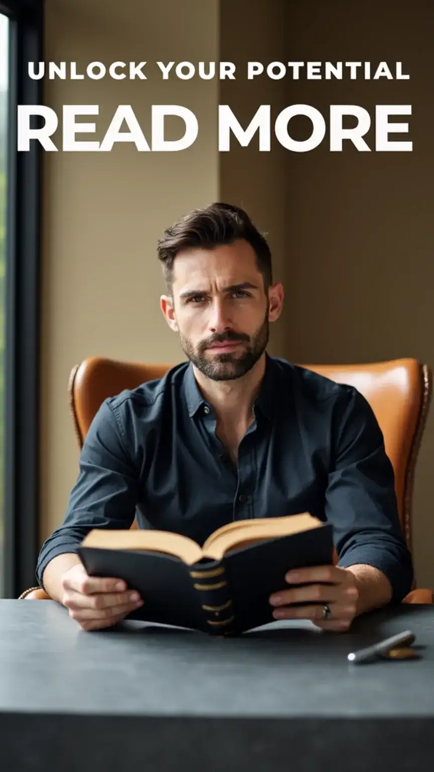 Man reading a book in a modern office, illustrating how to build a reading habit, reading tips for busy men, and personal growth through books.