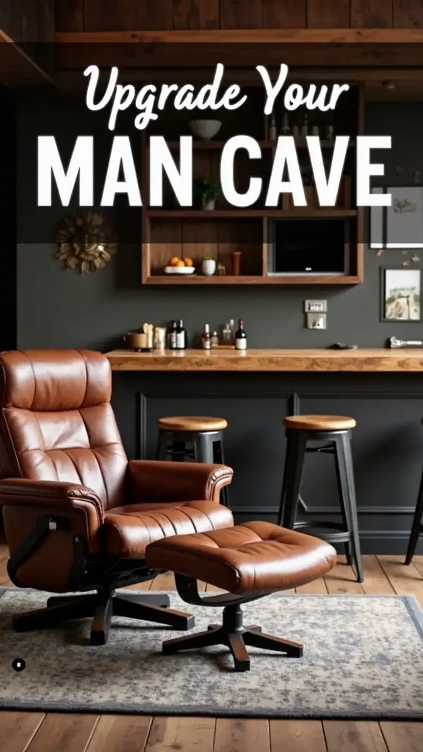 Man cave furniture essentials: comfortable leather recliner and rustic reclaimed wood bar with industrial stools, perfect for creating a stylish man cave.