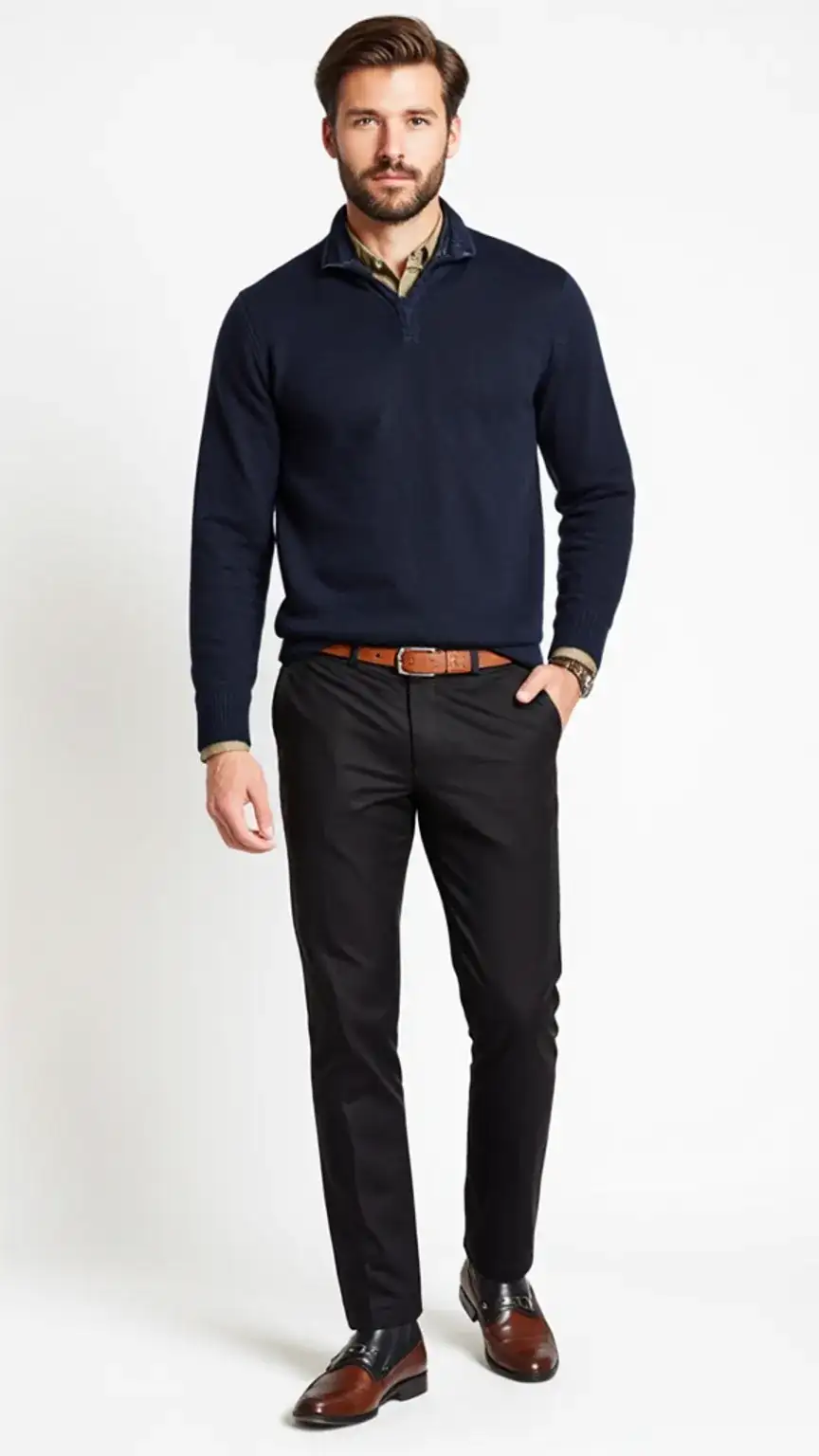 Man wearing versatile clothing items styled in two different ways, showcasing versatility in men's fashion, navy sweater, black trousers, capsule wardrobe ideas