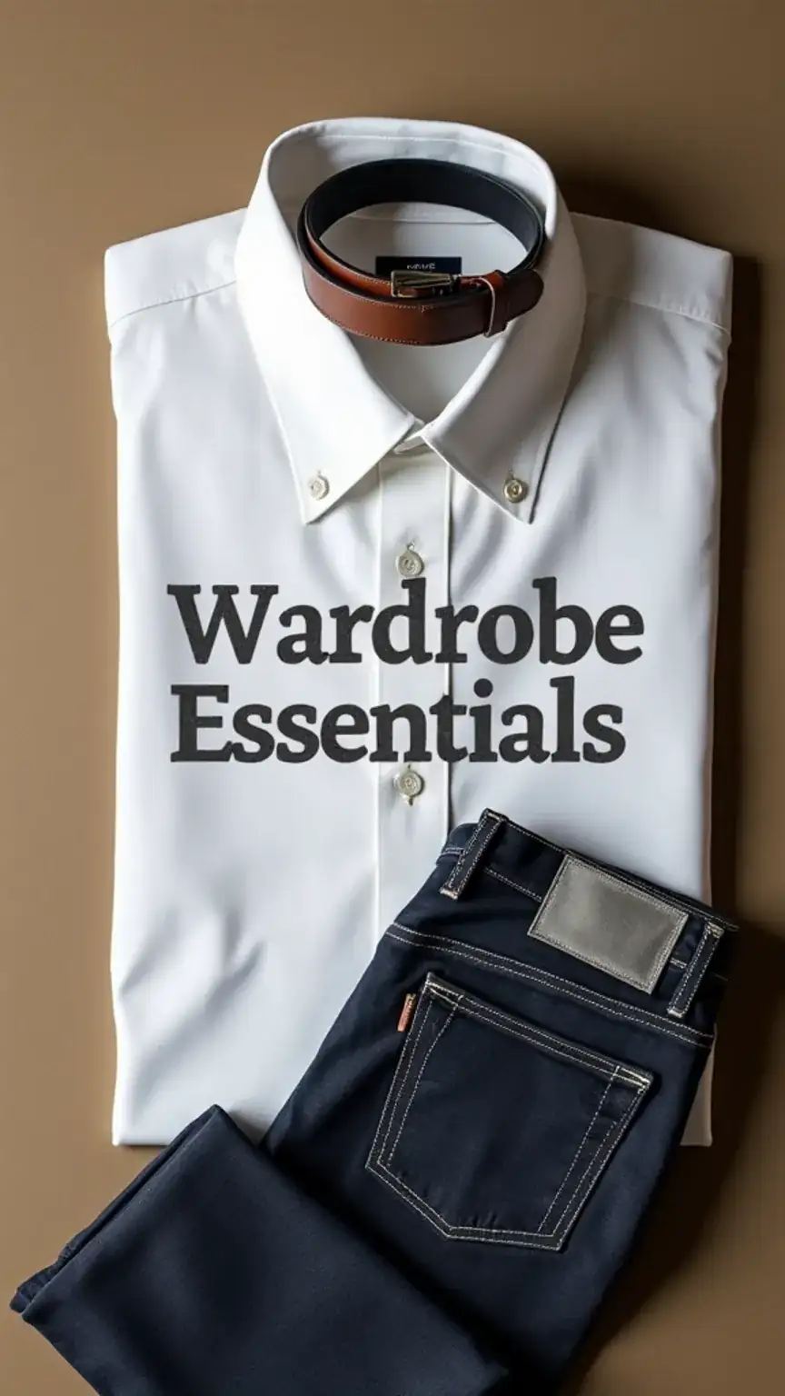 Essential items for a minimalist men's wardrobe: white shirt, dark jeans, leather belt, embodying men's minimalist style.