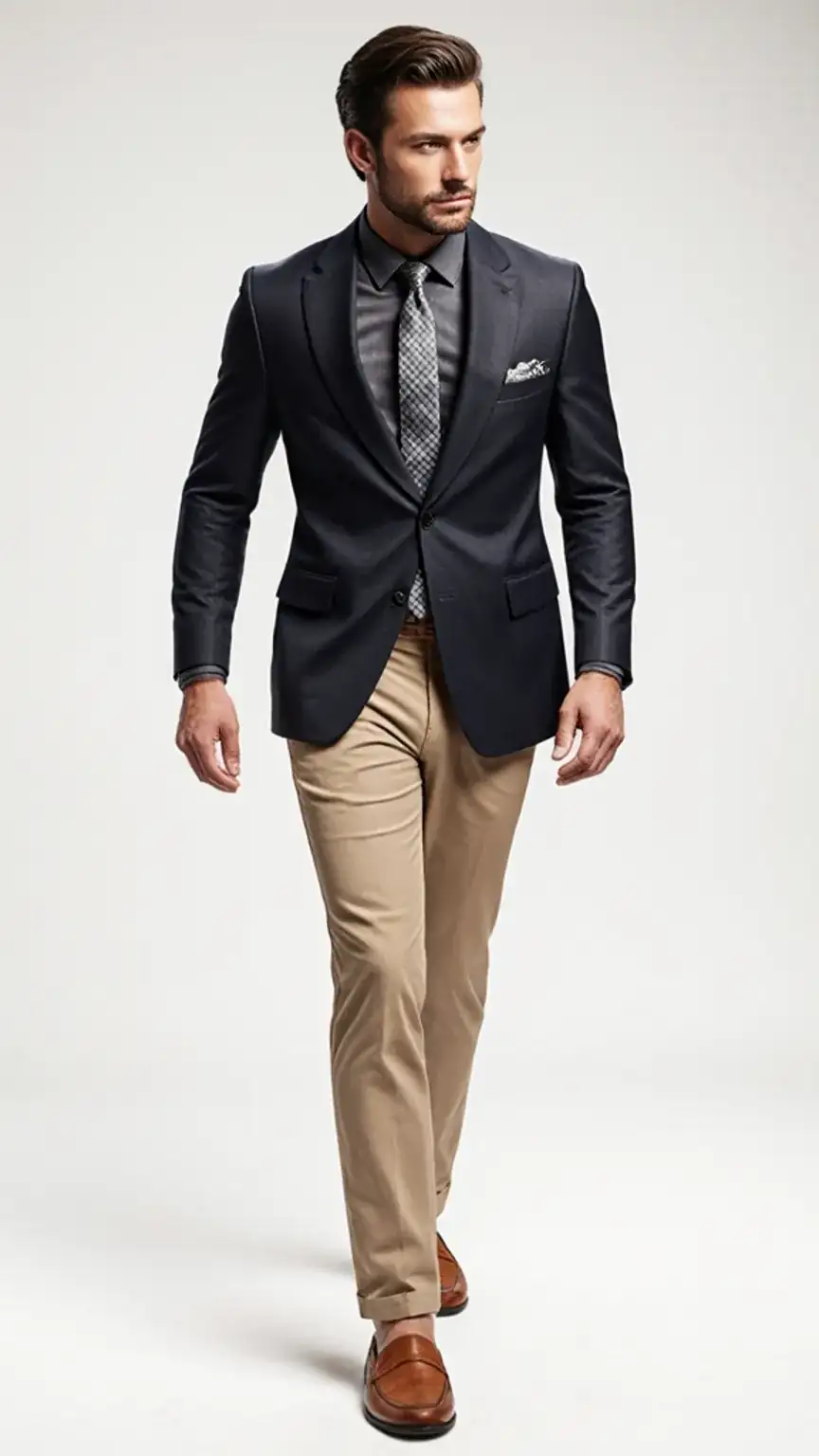 Well-dressed man walking away, showcasing investment wardrobe pieces. Men's style, quality menswear, men's fashion, confident style.